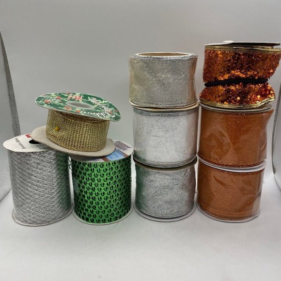 New & Used 9 Roles Metallic Ribbon - Silver Green Orange 106 feet or over total - Picture 1 of 14